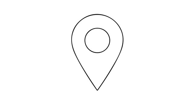Line art vector icon illustration of a minimalist location pin marker with circular indicator point, perfect for travel maps, navigation, GPS positioning, and geography design in clean scalable