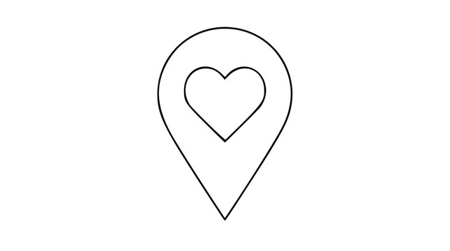 Romantic hand-drawn map pin vector icon with heart symbol - minimalist location marker illustration for travel, favorite places, love relationships, and lifestyle design resources