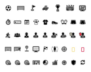 Football and Soccer Match Black Line Icon Set with Referee, Stadium, Equipment, Players, Cards and Sports Game Elements © Christina Hab.