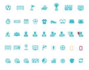 Football and Soccer Match Line Icon Set with Referee, Stadium, Equipment, Players, Cards and Game Elements in Turquoise Aqua Blue Color © Christina Hab.