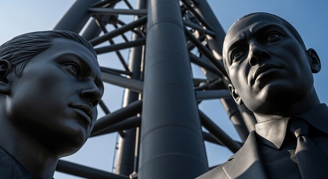 Sculptures near metal structure