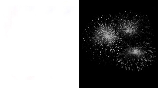White fireworks explosion on black background, bright festive pyrotechnics display, glowing white firework bursts with alpha mask for compositing