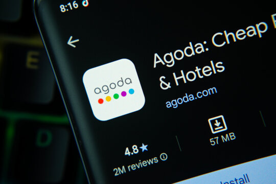 Singapore, Singapore - 24 July 2026: Agoda app page on Google Play Store is seen on a smartphone screen.