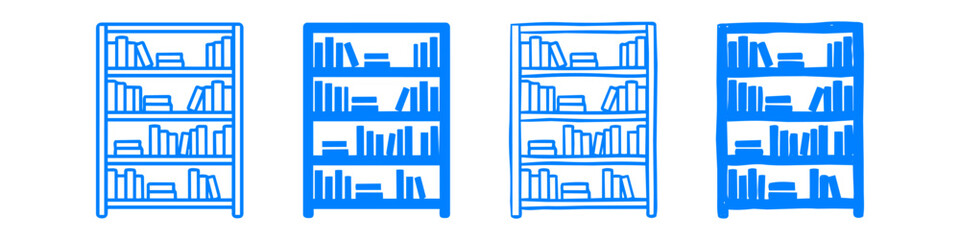 Set of four hand-drawn blue line art sketches of bookshelves filled with books, isolated on a white background. Ideal for education, library, or reading themes. © Nort Kor