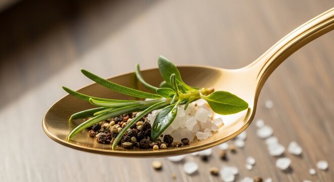 Seasoning herbs on golden spoon