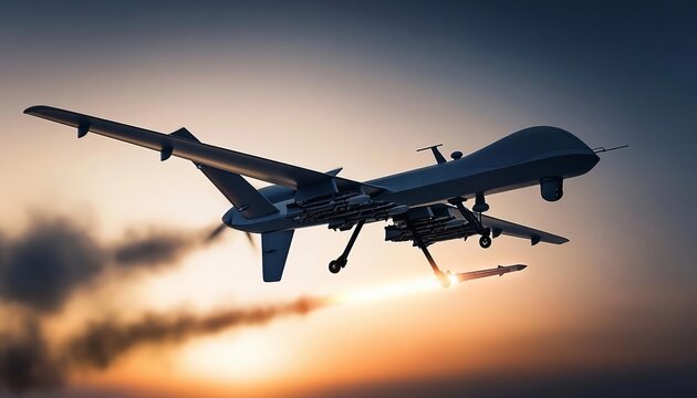 Military combat drone UAV aircraft flying through the sky and launching guided missiles at sunset