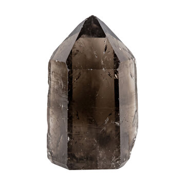 Smoky quartz crystal point with raw natural texture, dark brown translucent gemstone for healing and spiritual practices, isolated object.