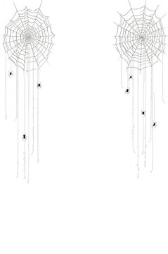Two detailed spider webs hanging vertically on a deep black background, for spooky halloween, seasonal decorations isolated on a transparent background