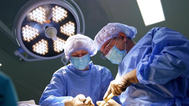 Surgeons operating under bright surgical lights. Three medical professionals focus on a procedure while using an instrument in a hospital operating room.