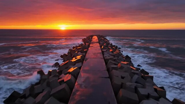 Spectacular sunrise over the ocean with waves crashing against a rock pier, cinematic drone shot