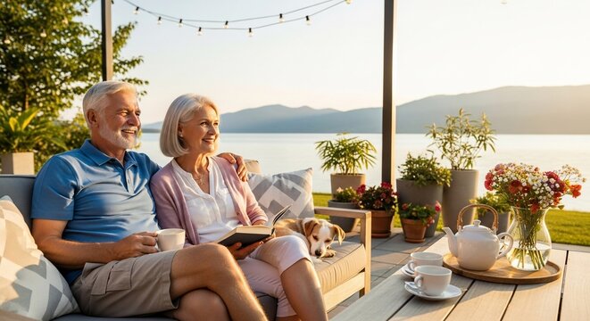 Senior couple relaxing outdoor terrace