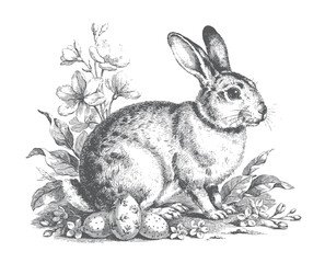 Obraz premium Natural rabbit scene with flowers and leaves in black and white vintage artwork.