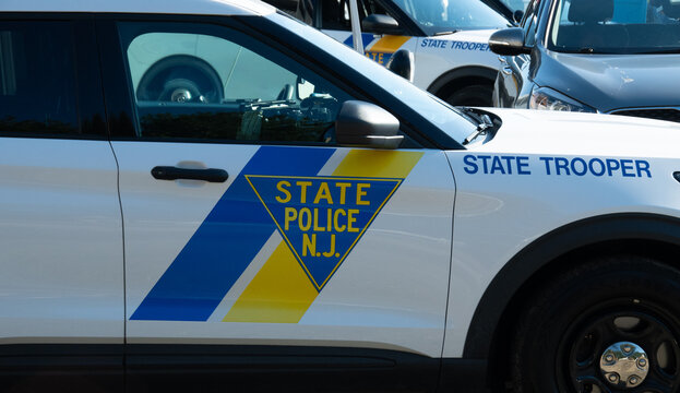 Close-up of a New Jersey State Police patrol vehicle door featuring a blue and yellow emblem reading "STATE POLICE N.J.", highlighting law enforcement identity and official emergency vehicle markings.
