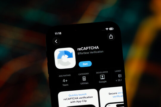 Mountain View, United States- 11 July 2026: App Store page of the reCAPTCHA app is seen on a smartphone screen.