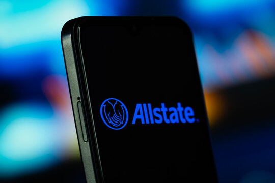 Northbrook, United States- 7 July 2026: Allstate logo is seen on a smartphone.