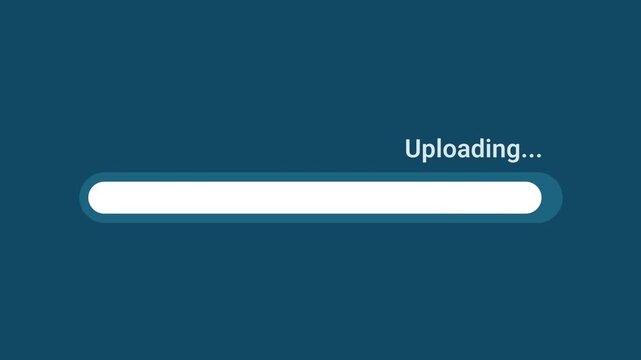 Animated motion graphics showing a white progress bar labeled "Uploading..." over a dark blue background. Represents file upload, cloud storage sync, data transmission, or server submission.