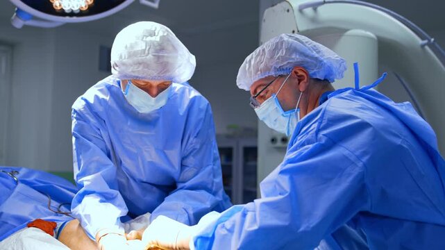 Surgical team performing operation in operating room. Two masked clinicians work over a patient beneath bright surgical lights.