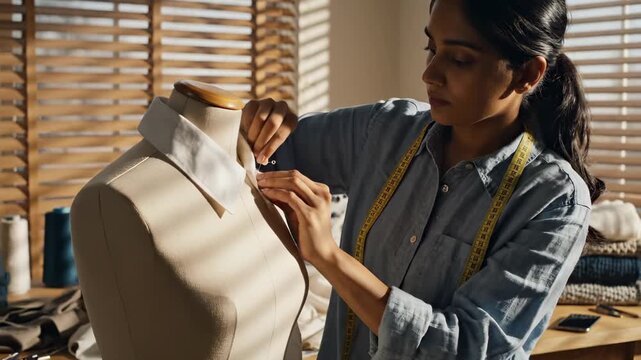 Seamstress sewing fabric by hand in workshop. Fashion designer uses needle for clothing repair. Woman tailor working with textile. Seamstress creating fashion design. Tailor sewing new clothes.