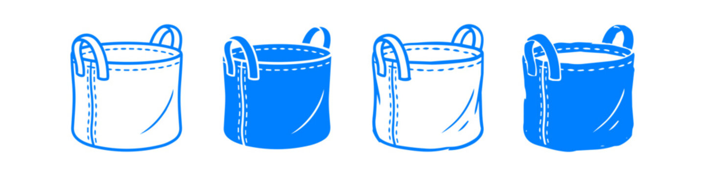 Set of blue hand-drawn laundry hamper and storage bag icons in various styles, including outline and solid fill, isolated on white background for home organization designs.