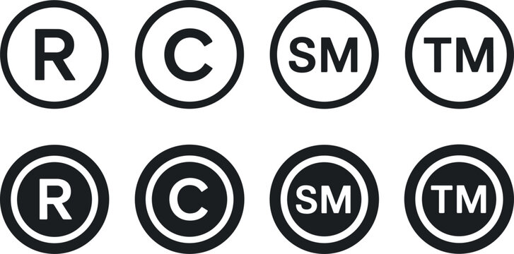 Eight black and white trademark and copyright symbol icons registered service mark