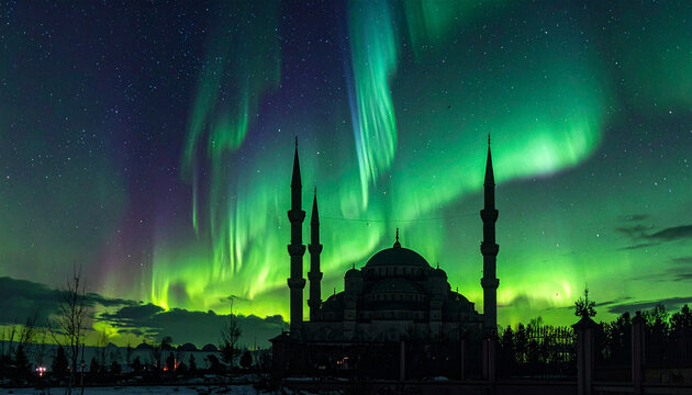 Silhouette mosque northern lights