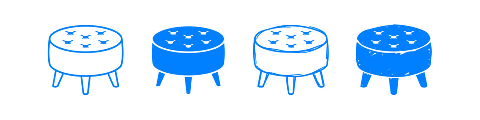 Blue hand-drawn ottoman icon set. Round tufted pouf stools in doodle and flat styles for interior design graphics and home decor concepts. © Nort Kor