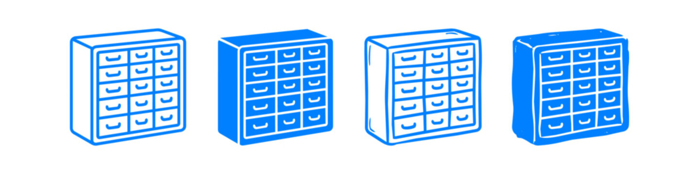 Set of blue hand-drawn filing cabinet icons showing various doodle styles for office storage and organization on a white background.