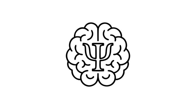 Brain psychology vector icon featuring psi symbol. Hand-traced minimalist line illustration with clean outline. Scalable graphic for mental health, wellness and therapeutic applications