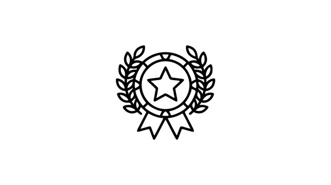 Premium quality badge vector icon featuring star with laurel wreaths and ribbon banner. Minimalist hand-drawn line illustration perfect for achievement, excellence, and certification symbols in