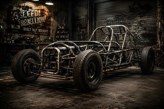
Vintage Steel Tube Frame Race Car Chassis in Grunge Garage Workshop