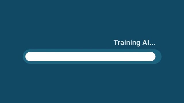 Animated motion graphics showing a white progress bar labeled "Training AI..." over a dark blue background. Represents machine learning model training, artificial intelligence development, deep learni