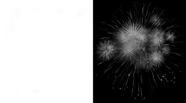 Monochrome fireworks display with alpha channel, white firework bursts on black background, isolated pyrotechnic sparks for overlay and compositing
