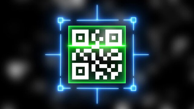 QR Code Scanner Animation on black screen. Futuristic barcode quick-response code scanning Bar. Scanning QR code