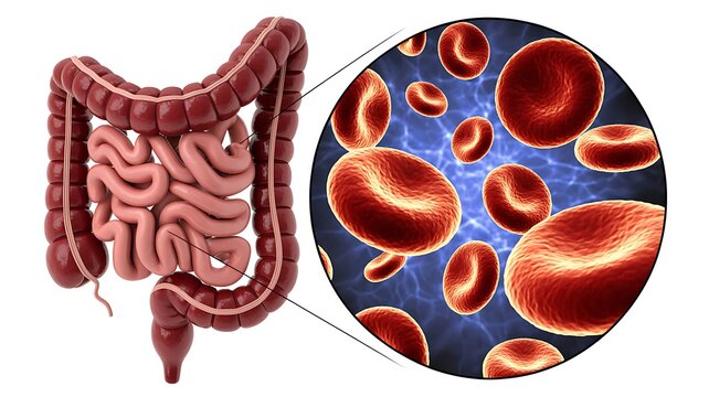 Human large intestine and red blood cells medical illustration