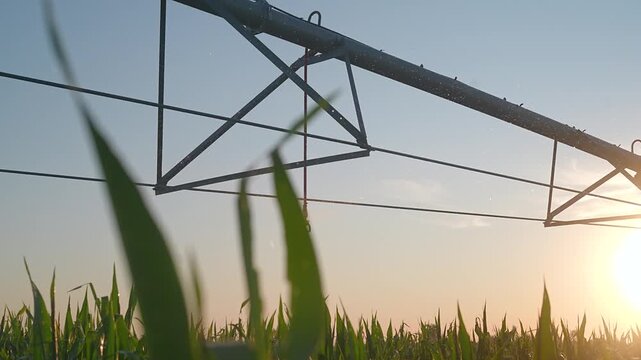 Irrigation pivot sprays water on corn field at sunrise. Farm sprinkler system waters crop. Agriculture equipment irrigates corn field. Pivot irrigation at sunrise. Corn grows with irrigation system.