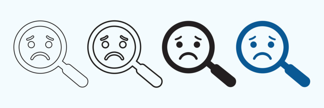 Magnifying glass with sad face emoji during search concept icon style isolated on white background