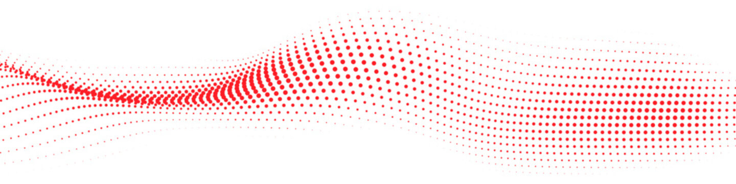 Elegant red halftone dot wave pattern flowing smoothly across a white background