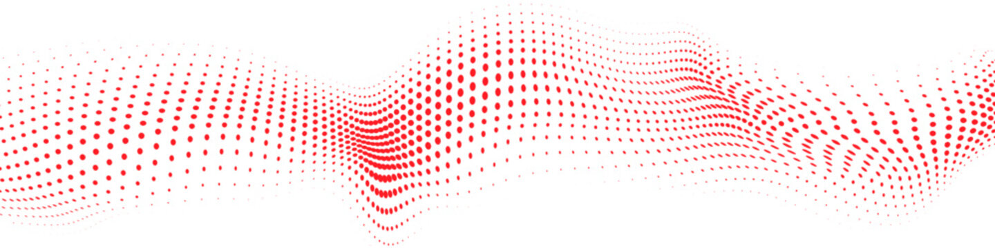 Flowing red halftone dot wavy background with geometric optical illusion and depth