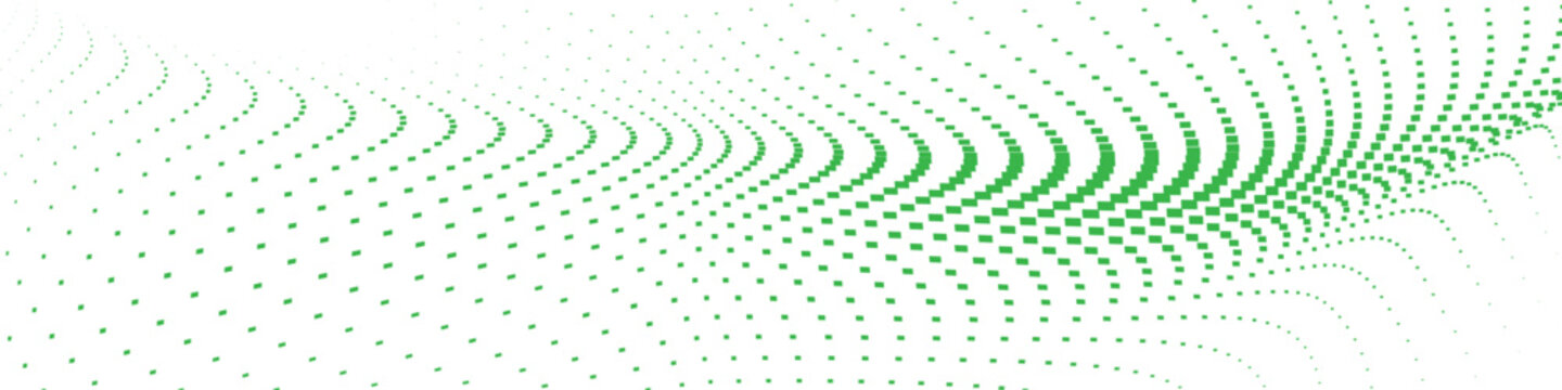 Green digital halftone wave pattern with square pixels flowing on white background