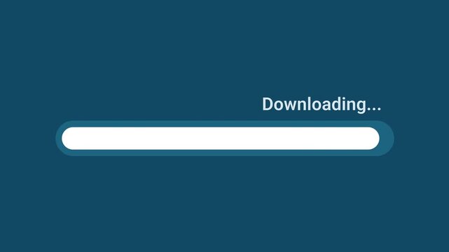 Animated motion graphics showing a white progress bar downloading over a dark blue background. Represents file transfer, data acquisition, media download, or software package fetching.