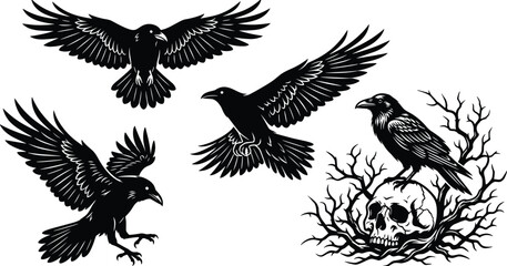 Obraz premium Black Raven Silhouette Collection with Flying Perched Crow and Gothic Skull Vector Set