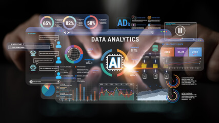 Obraz premium Futuristic Data Analytics Visualization with AI Interface Displaying Charts, Graphs, and Insights for Business Intelligence and Decision Making Fluxor.