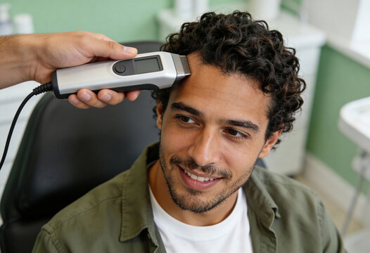 Close up of a man getting his hairline trimmed with an electric clipper. Smiling male client with curly hair in a barbershop. Professional hair grooming and styling concept