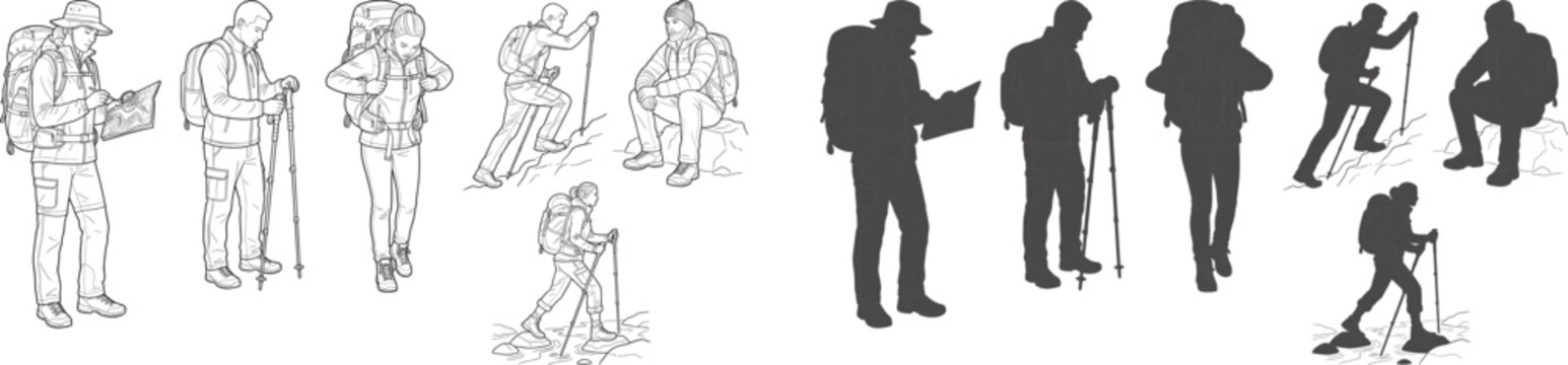 Set of hikers and backpackers in line art and silhouette styles for outdoor adventure designs