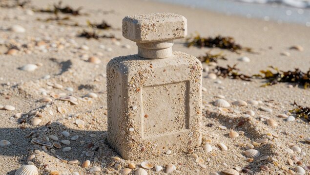 Small square-shaped object made sand sandy beach appears light-colored material possibly stone concrete covere