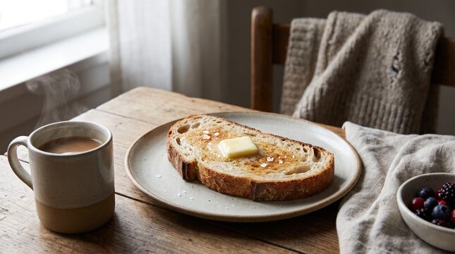 Fresh slice of crusty bread with melting butter on wooden table  