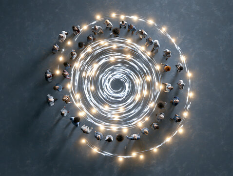 Diverse employees forming a glowing spiral, isolated on transparent background aerial view