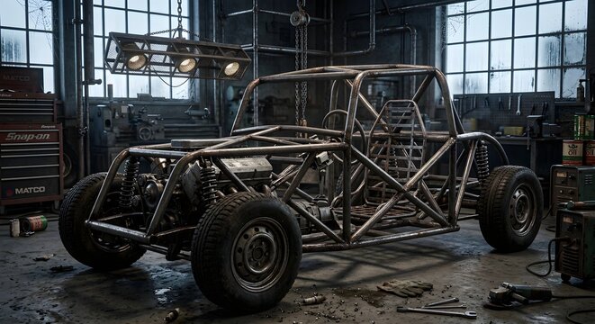 
Vintage Steel Tube Frame Race Car Chassis in Grunge Garage Workshop
