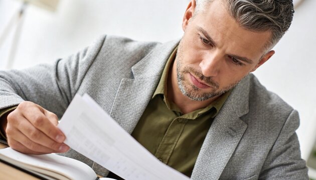 Focused businessman reading a document in a bright office. Middle aged professional man reviewing paperwork and contract at desk. Business analysis and planning concept