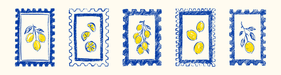 Naklejka premium Hand drawn crayon doodle summer lemon postage stamp with lemon fruit branch, slice, leaves. Mediterranean Italian chalk drawing rectangle frame. Amalfi sketch postcard. Coastal boarder. Wedding border
